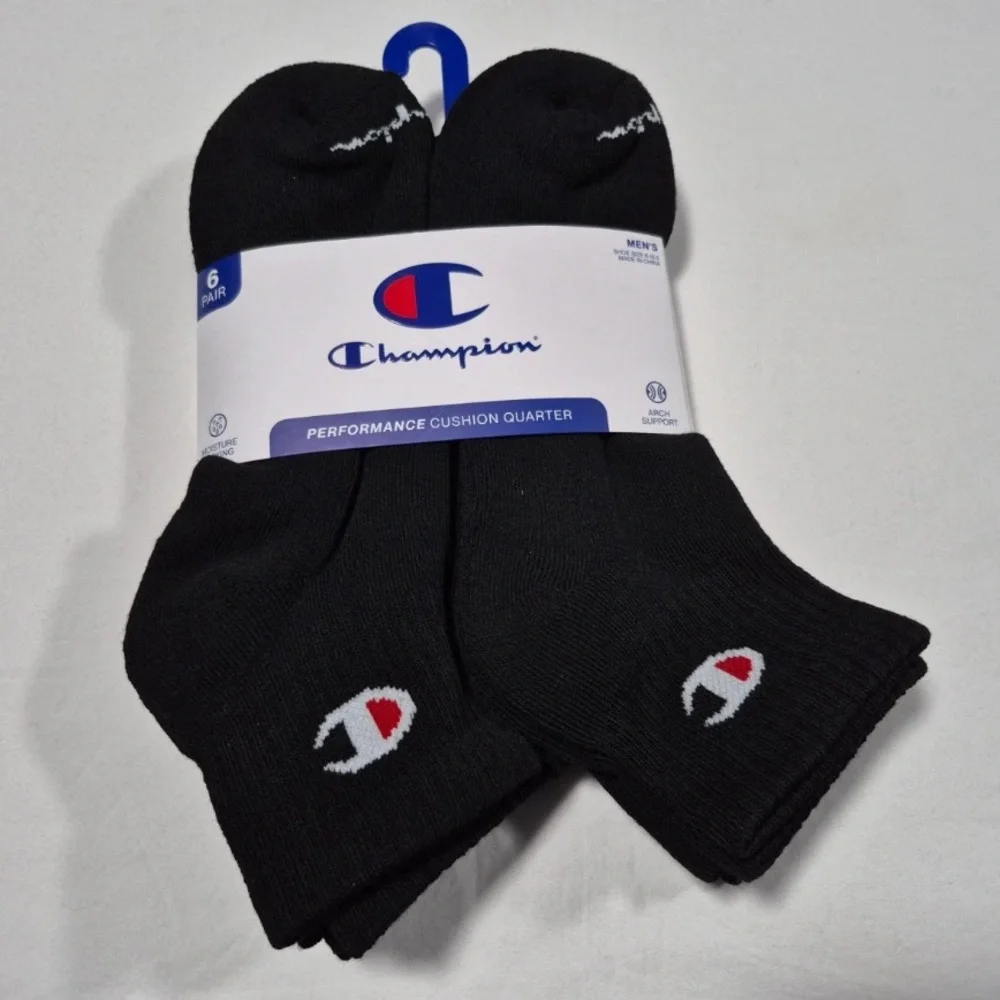 Champion Men’s Performance Cushion Quarter Ankle Socks 6 pairs black size 6-12